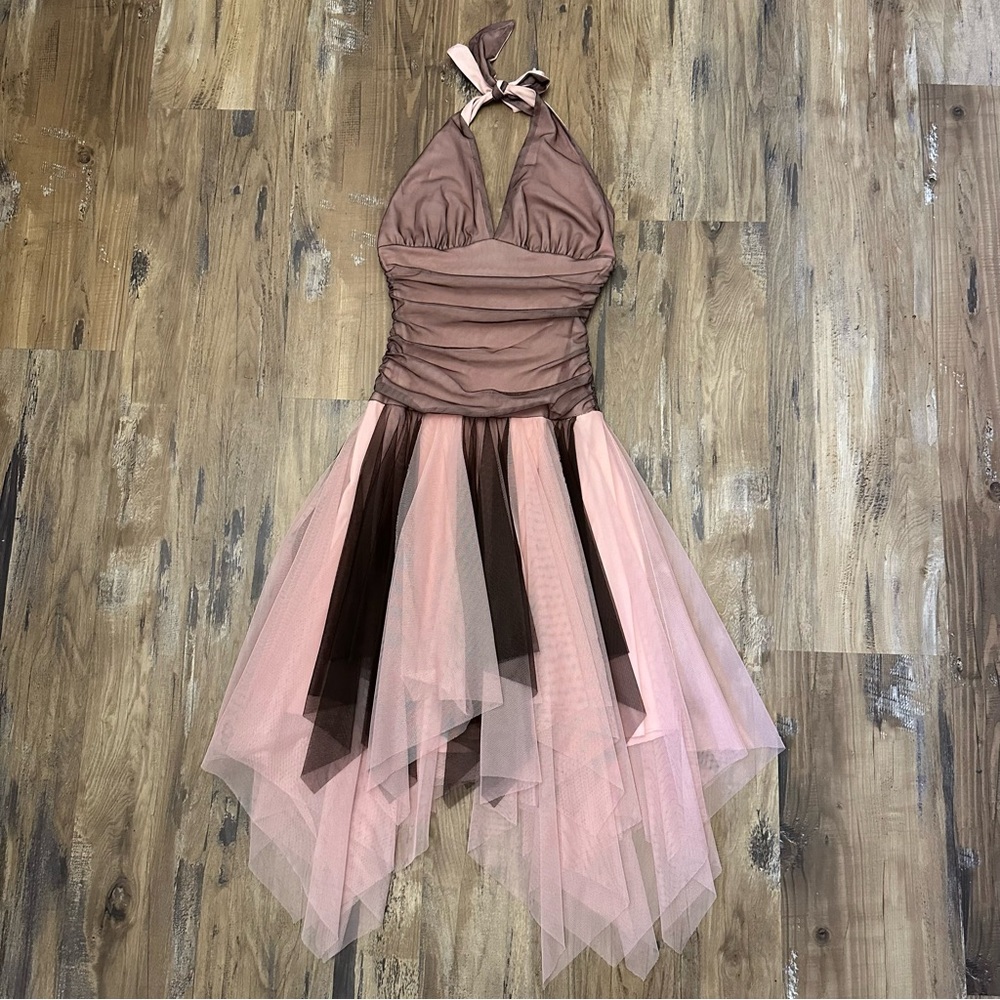 VTG Y2K 2000s Pink & Burgundy Tulle Asymmetrical Fairy Halter Dress